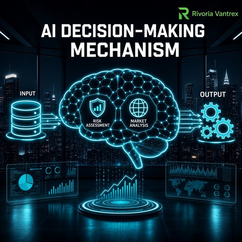 Esquema del motor predictivo Rivoria Vantrex con nodos de analisis de riesgo y mercado en arquitectura neuronal