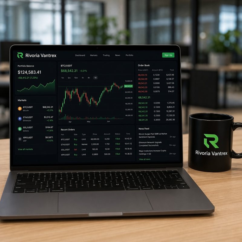 Panel Rivoria Vantrex con profundidad de mercado y portfolio multi-activo en notebook