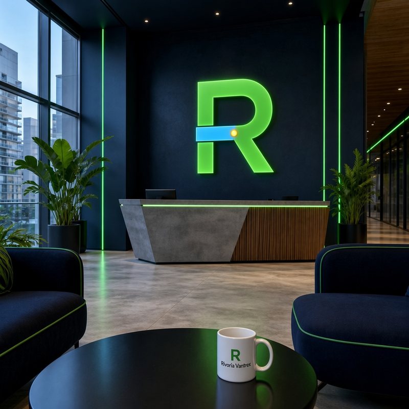 Recepcion de la sede central Rivoria Vantrex con iluminacion LED verde y logo institucional sobre una pared azul
