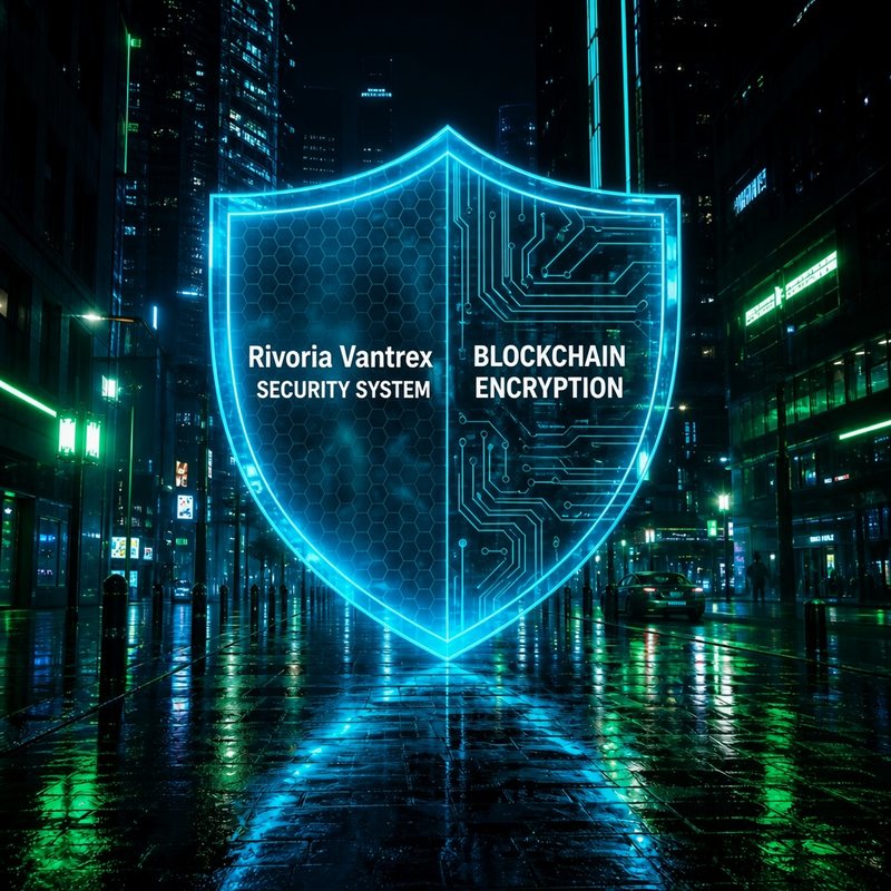 Escudo digital Rivoria Vantrex sobre una ciudad, representando proteccion multicapa de activos