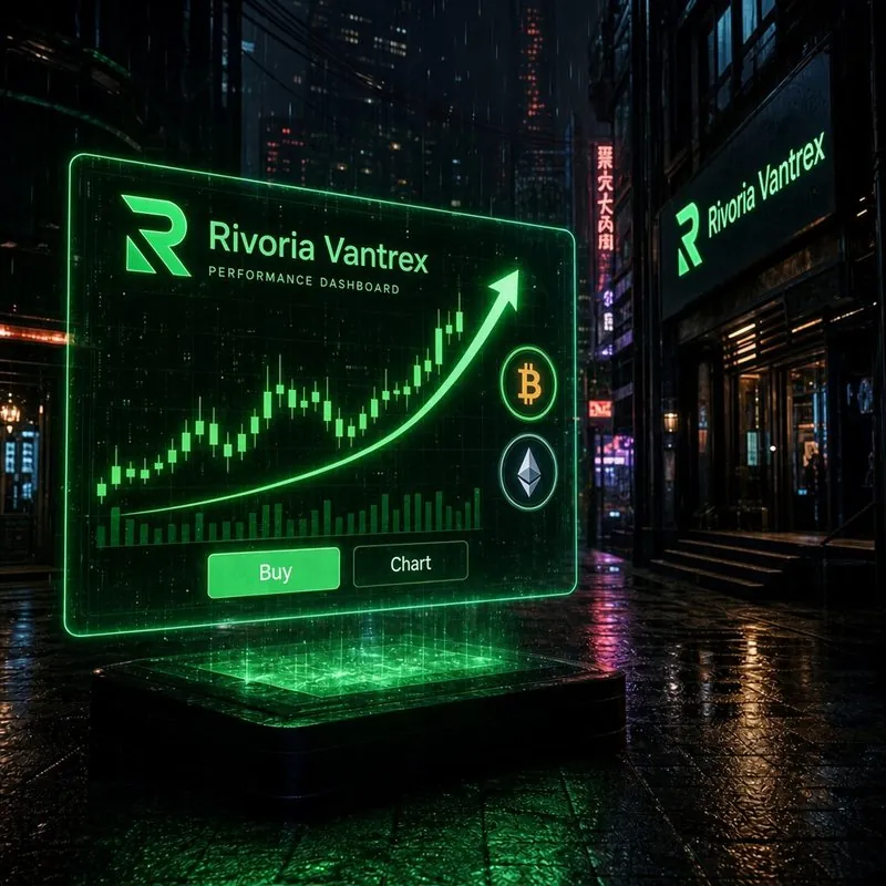 Panel de rendimiento de Rivoria Vantrex con curvas verdes al alza sobre una pantalla urbana